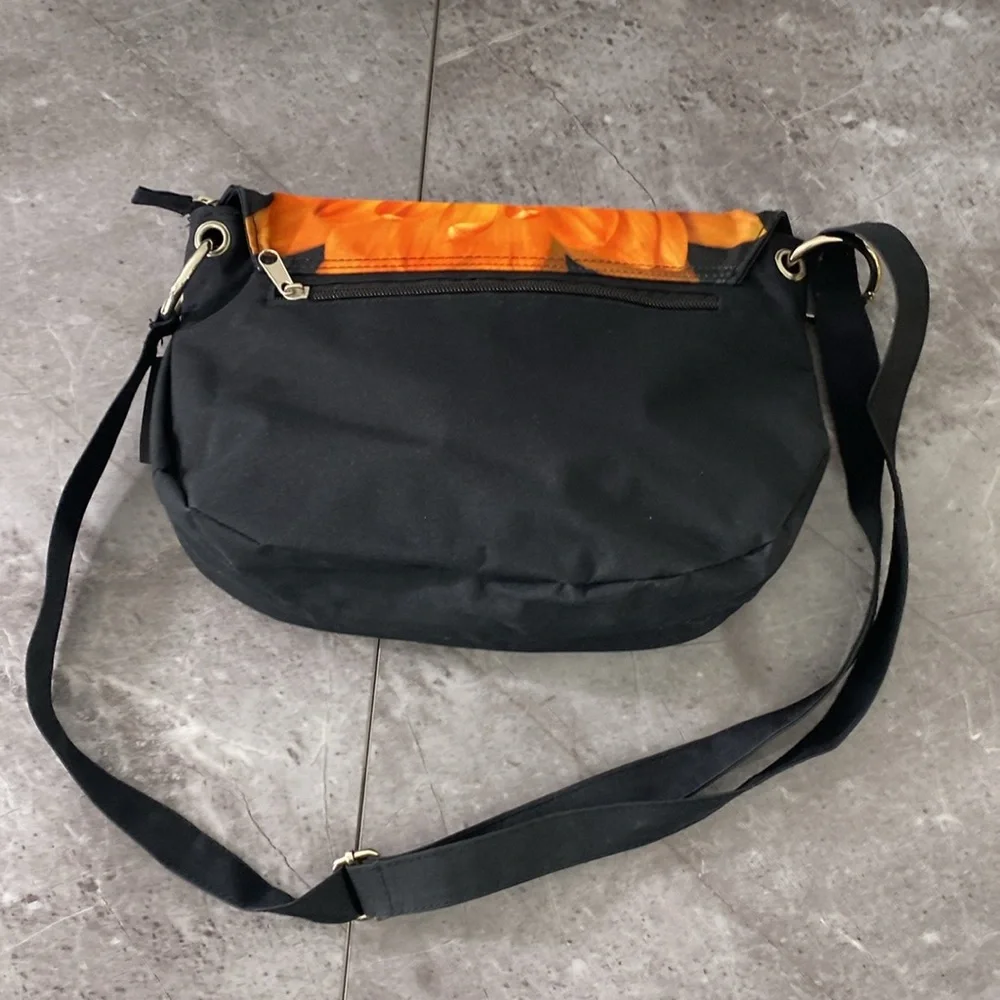 Harold Feinstein Purse Crossbody Bag‎ Black Nylon Orange Oversized Flower Artsy